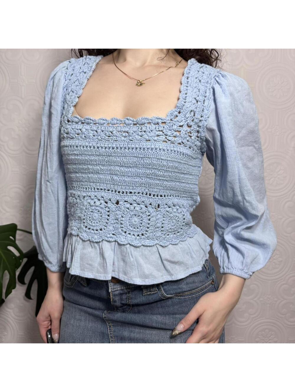 American Eagle Crochet Blouse Size Small Light Blue Boho Lantern Sleeves